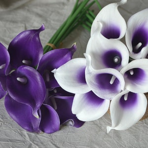 10 Stiele Royal Purple Picasso Calla-Lilien Real Touch Blumen DIY Seide Hochzeitssträuße, Mittelstücke, Hochzeitsdekorationen