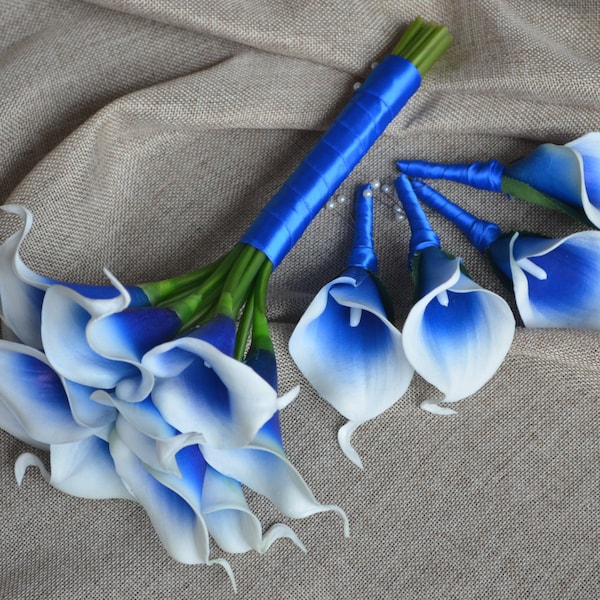 Royal Blue Picasso Calla Lilies Bridesmaids Bouquets Boutonnieres Real Touch Flowers Wedding Package