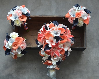 Navy Coral Real Touch Wedding Bouquet, Seashell Starfish Bridal Flowers