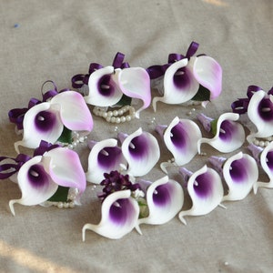 Purple Corsage, Purple calla Lily Wedding Boutonniere, Real Touch Flowers, Choose Ribbon Colors image 3