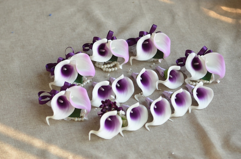 Purple Corsage, Purple calla Lily Wedding Boutonniere, Real Touch Flowers, Choose Ribbon Colors image 3