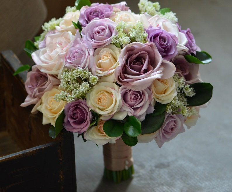 Mauve Roses Bridal Bouquet Real Touch Roses Mauve Blush Champagne Wedding Bouquets Silk Bridal Bouquets image 3