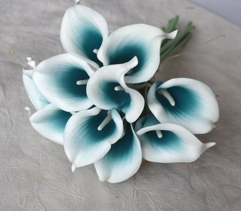 10 Picasso Oasis Teal Edge Calla Lilies Real Touch Flowers DIY Silk Wedding Bouquets, Centerpieces, Wedding Decorations image 3