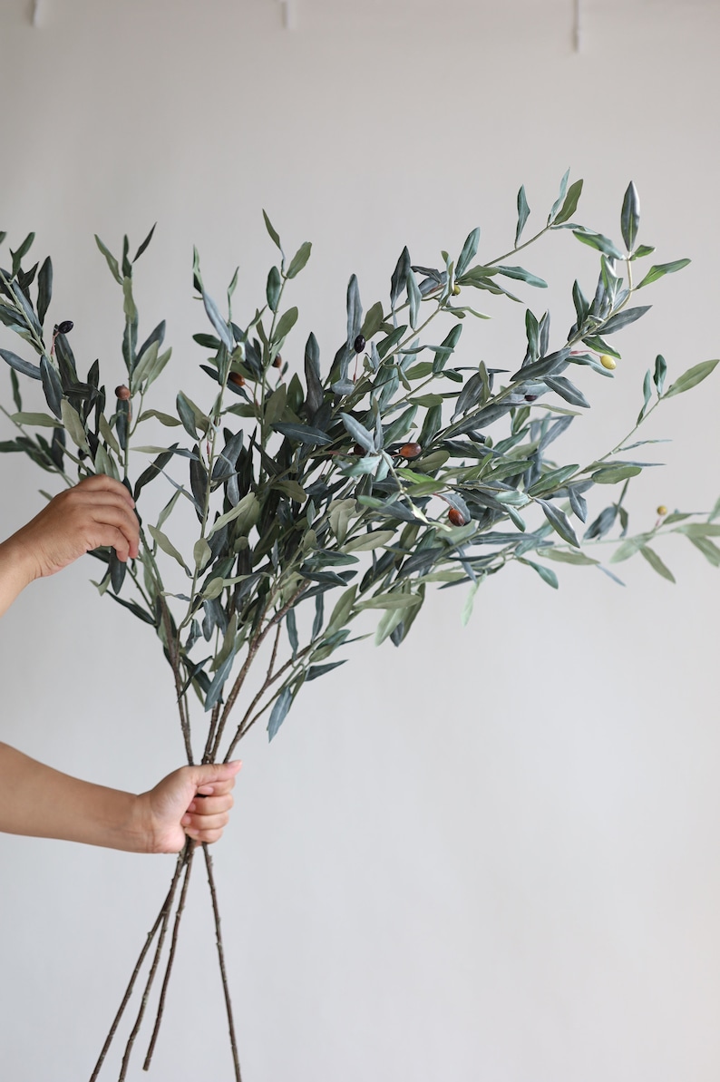 May include: A bunch of artificial olive branches with green leaves and small brown and green olives.