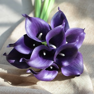 10 Eggplant Calla Lilies, Dark Purple Real Touch Calla Lily, DIY Silk Wedding Bouquets, Centerpieces, Wedding Decorations