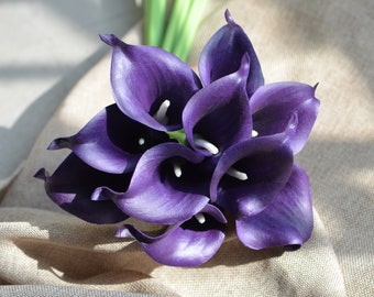 10 Eggplant Purple Calla Lilies, Real Touch Silk Wedding Flowers