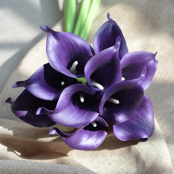 10 Eggplant Calla Lilies, Dark Purple Real Touch Calla Lily, DIY Silk Wedding Bouquets, Centerpieces, Wedding Decorations