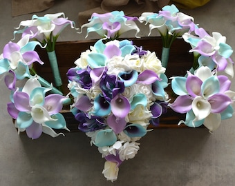 Aqua Lilac Wedding Bouquets Real Touch Orchids Calla Lilies Roses Bridal Bouquets Bridesmaids Bouquets Boutonnieres