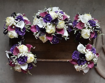 Plum Purple Wedding Bouquet, Real Touch Calla Lilies Roses