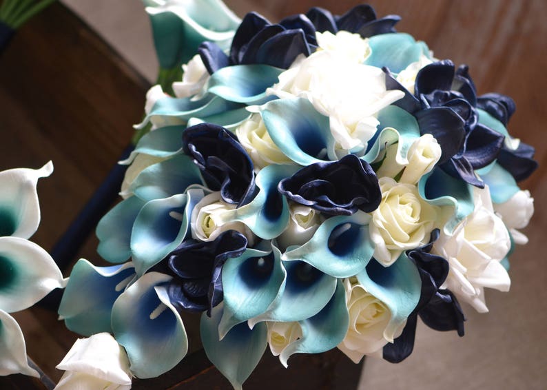 Teal Navy Wedding Bouquets Teal Picasso Calla Lilies Navy Orchids Bouquets Wedding Package