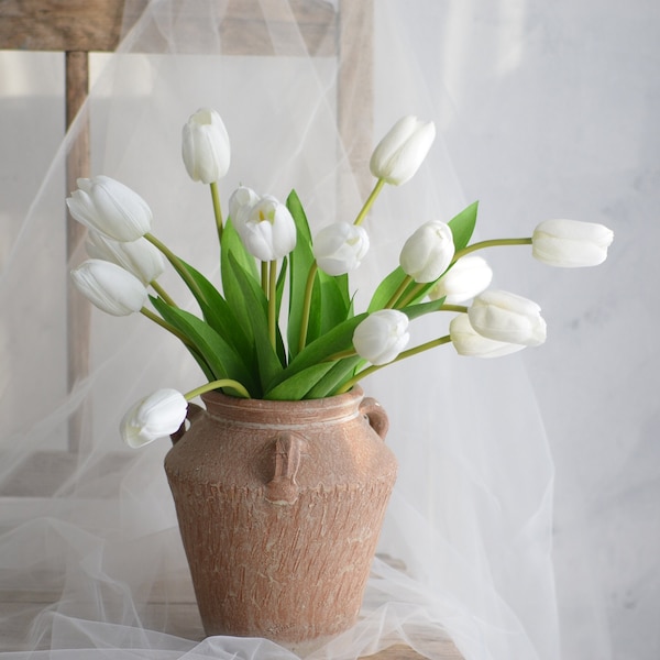 Fleurs de tulipes blanches au toucher réel - 18,8 ", fausses fleurs artificielles, fleurs de printemps, décoration de mariage/maison, bricolage floral/bouquet/centres de table