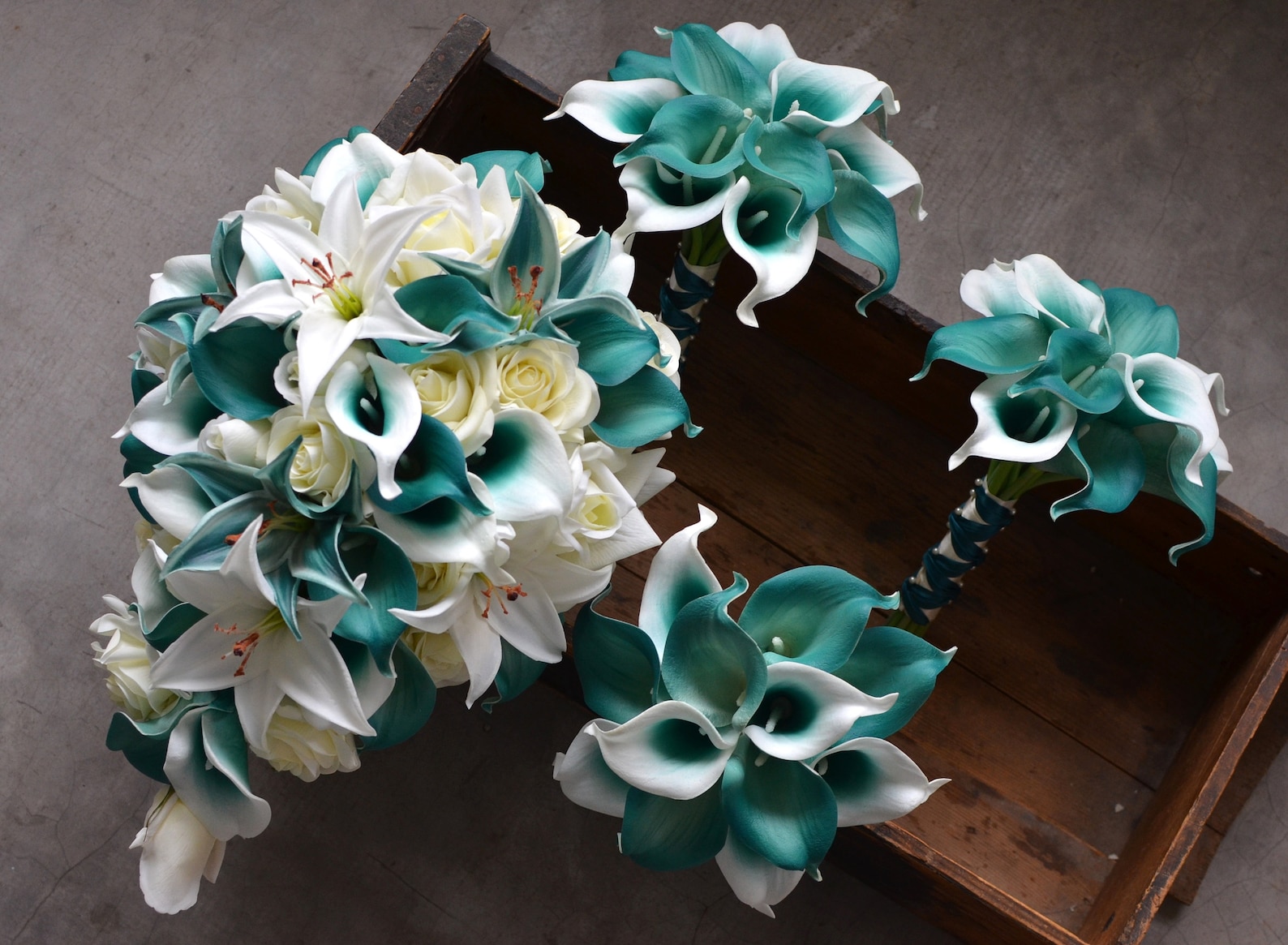 Teal Bridal Bouquets Teal Tiger Lily Roses Calla Lily Wedding - Etsy