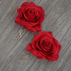 A Pair Wedding Flower Hair Clips-Real Touch Red Rose Hair Clip, Rose Hair Clips, Bridal Hair Flower, Flower Girls Hair Pin image 1