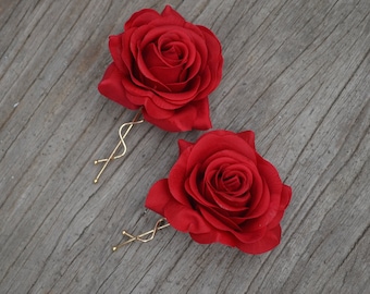 A Pair Wedding Flower Hair Clips-Real Touch Red Rose Hair Clip, Rose Hair Clips, Bridal Hair Flower, Flower Girls Hair Pin