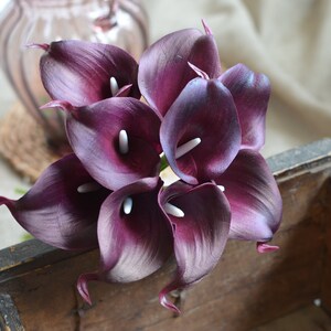 May include: A bouquet of deep purple calla lilies with white centers. The flowers are arranged in a wooden box.