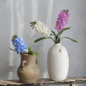 May include: A still life featuring three hyacinth flower arrangements. One arrangement has blue flowers in a rustic brown vase. Another has white flowers, and the third has purple flowers, both in a white, modern vase. The background is a neutral gray wall.