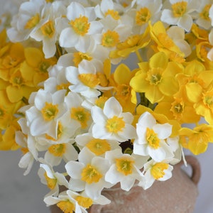 6 Stems Faux Daffodils Bouquet in White Yellow, Artificial Daffodils Bunch, Fake Spring Plant Stem, DIY Wedding/Home Decoration | Gifts image 6