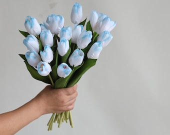 14" Fake White Blue Real Touch Tulip Flowers, Artificial Spring Tulip Blooms, Wedding/Home Decorations, DIY Holiday Decorations, Gifts