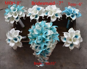 Malibu Blue Ivory Cascade Bridal Bouquets, Real Touch Calla Lilies, Blue Tiger Lilies, Blue Wedding Bouquets Boutonnieres