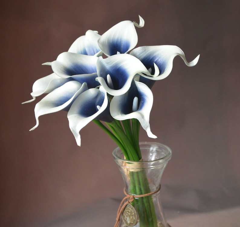 Dark Navy Picasso Calla Lilies Real Touch Flowers DIY Silk bridal Bouquets Wedding centerpieces image 1