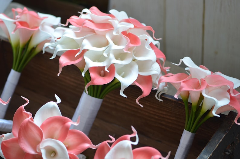 Coral Bridal Bouquets Coral Calla Lilies Ivory Callas Real Touch flowers Wedding Bridesmaids Bouquets Boutonnieres