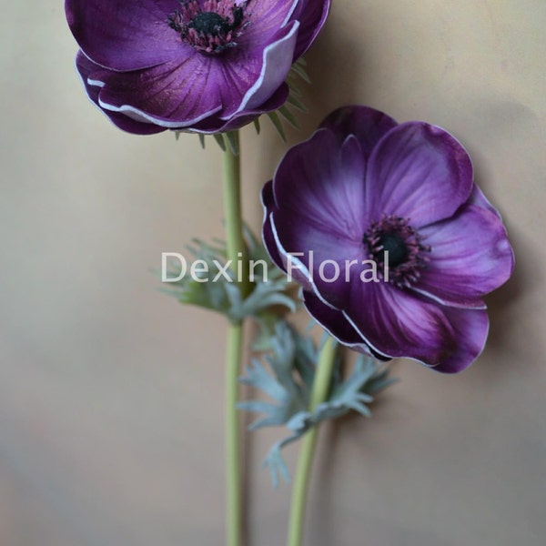 Natural Real Touch Purple Artificial Silk Anemones Single Stem DIY Wedding Bridal Bouquets, Centerpieces, Decorative Flowers