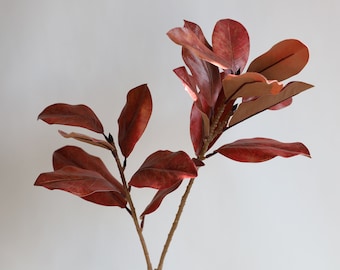 44" Huge Natural Touch Faux Magnolia Leaf Branches- Deep Orange, High Quality Artificial Plant, Office/Wedding/Home Decoration/Gifts