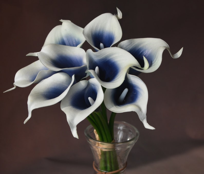 Dark Navy Picasso Calla Lilies Real Touch Flowers DIY Silk bridal Bouquets Wedding centerpieces image 4