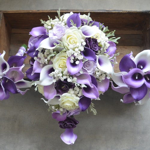 Purple Calla Lilies Plum Roses Real Touch Flowers Bridal - Etsy