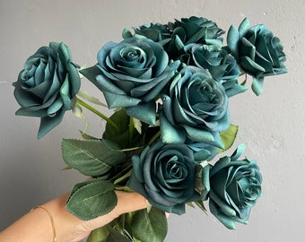 17" Deep Green/ Teal Oasis Real Touch Faux Roses, DIY Florals Supply | Wedding/Home/Kitchen Decoration | Gifts, DIY Bouquets/Centerpiece