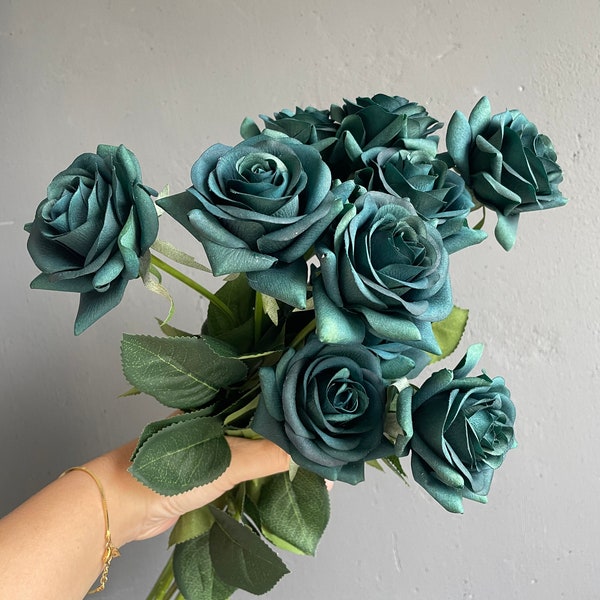 17" Deep Green/ Teal Oasis Real Touch Faux Roses, DIY Florals Supply | Wedding/Home/Kitchen Decoration | Gifts, DIY Bouquets/Centerpiece