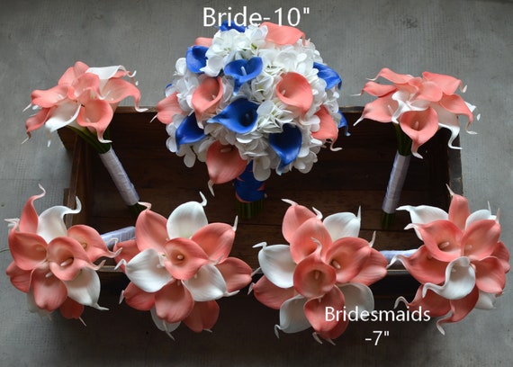 Bouquets Weddings Coral Royal Blue Lily Bridal Wedding Bouquet Boutonniere