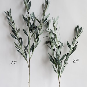 May include: Two artificial olive branches with green leaves and black olives. The branch on the left is 37 inches long and the branch on the right is 27 inches long.