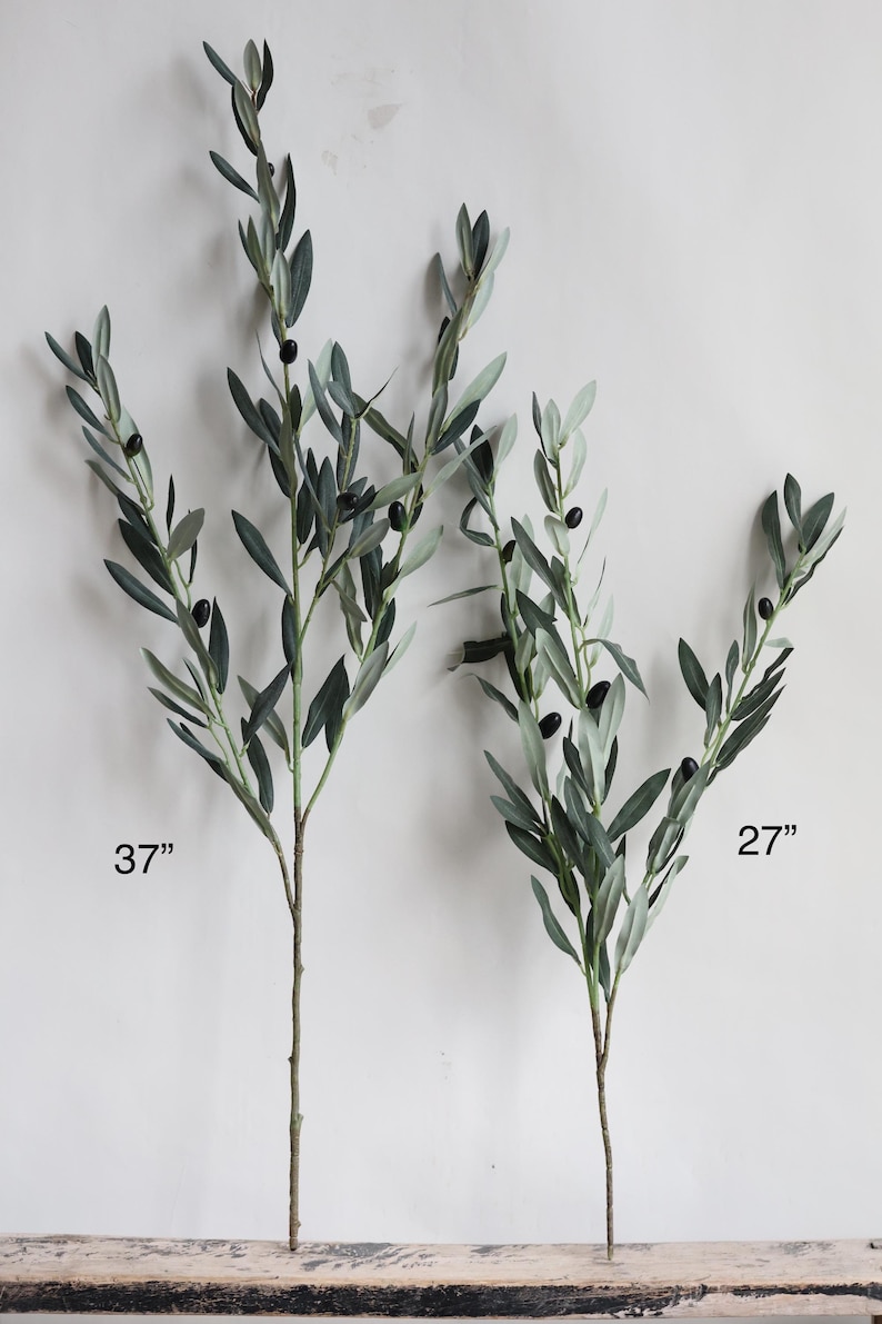 May include: Two artificial olive branches with green leaves and black olives. The branch on the left is 37 inches long and the branch on the right is 27 inches long.