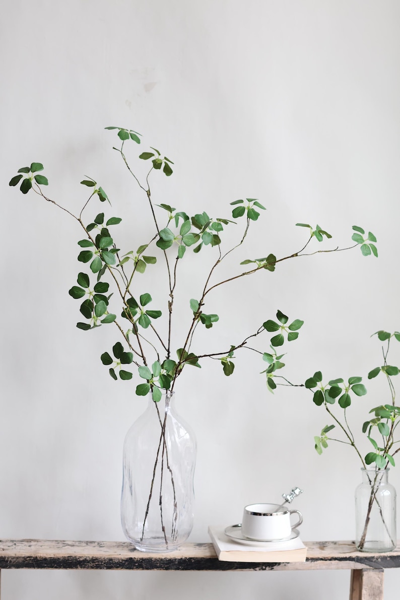 Puede incluir: Un jarr&oacute;n de vidrio transparente con una superficie texturizada contiene un ramo de ramas verdes frondosas con peque&ntilde;as flores delicadas. El jarr&oacute;n est&aacute; sobre una superficie de madera con un libro y una taza de t&eacute; blanca.