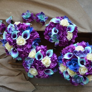 Purple Turquoise Wedding Bouquets Real Touch Calla Lilies Orchids Silk ...