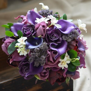 Purple Bridal Bouquet, Real Touch Purple Callas, Roses, Burgundy ...