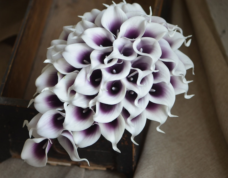 Cascade Purple Picasso Calla Lilies Bridal Bouquet Real Touch | Etsy