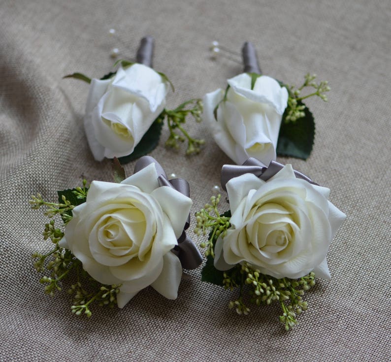 Ivory Rose Boutonnieres Real Touch Roses Corsages Grey Ribbons Mother Father Flowers Prom Corsage image 1