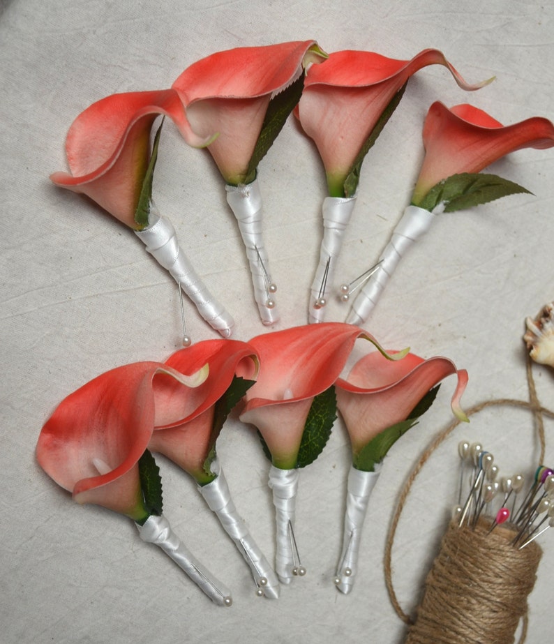 8 Boutonnieres Real Touch Coral Calla Lily Groomsmen - Etsy
