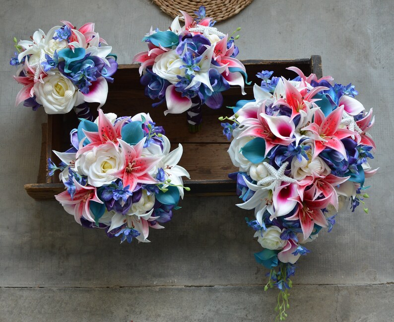Blue Purple Orchids Bouquets Fake Flowers Hot Pink Lilies Etsy
