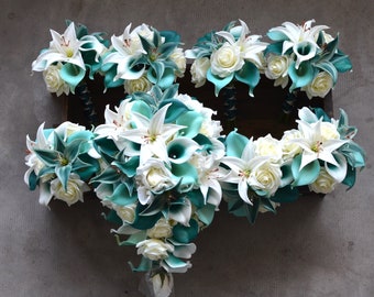 Teal Calla Lily Wedding Bouquet, Ivory Roses, Real Touch Flowers