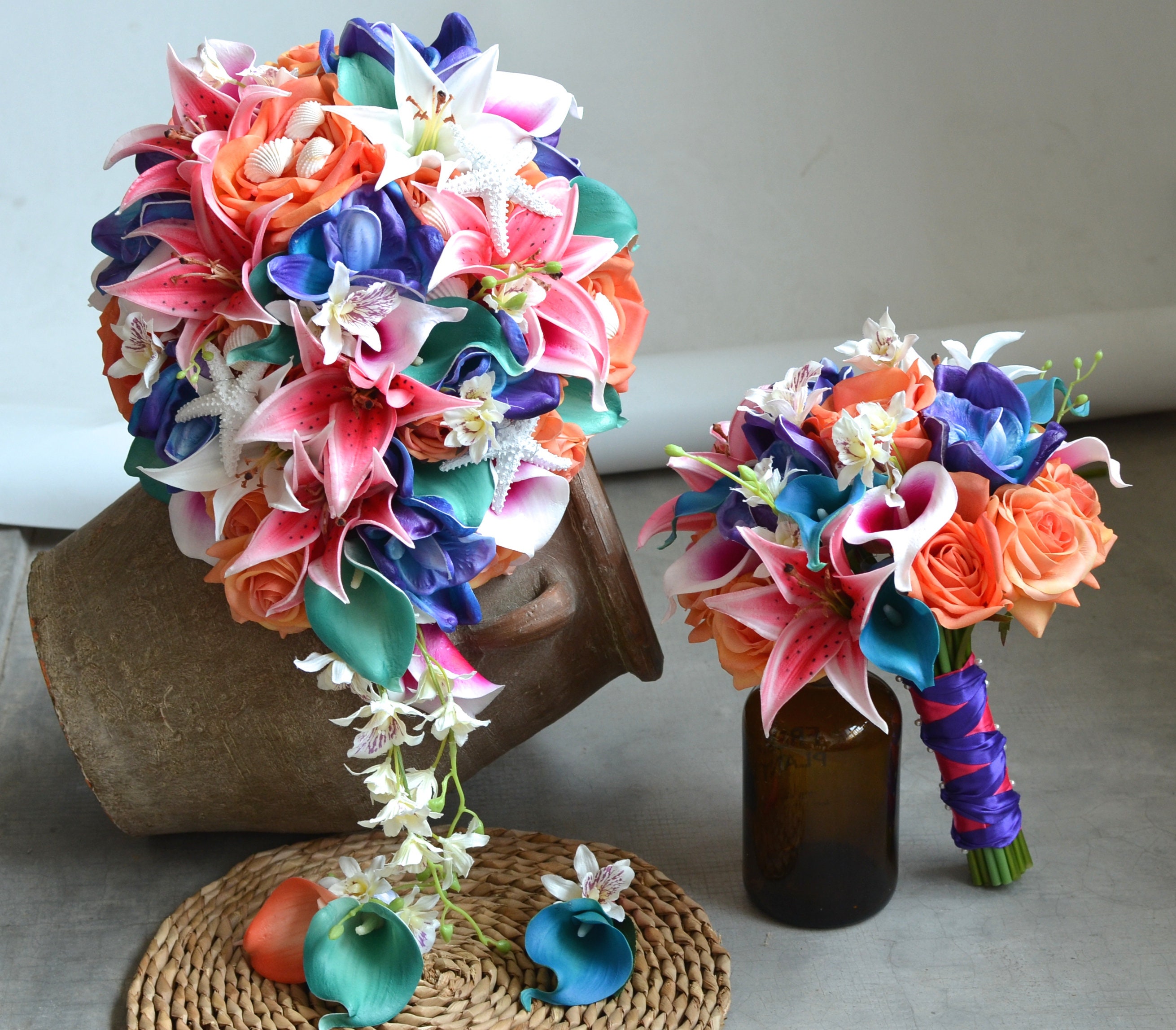 Rainbow Bridal Bouquet, Teal Calla Lilies, Real Touch Roses, Silk