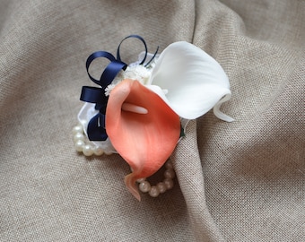 Calla Lily Corsages, Wrist Corsage, Wedding Corsage, Real Touch Flowers,Coral Ivory Corsages