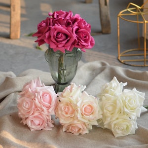 5 Stiele Echte Stiele RosenStrauß, Kunstrosen Arrangement, DIY Rosen Hochzeit, in Ivory, Hot Pink, Morandi Farben