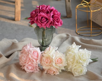 5 stems Real Touch Rose Bouquet, Artificial Roses Arrangement, DIY Roses Wedding Centerpieces, in Ivory, Hot Pink, Morandi Colors