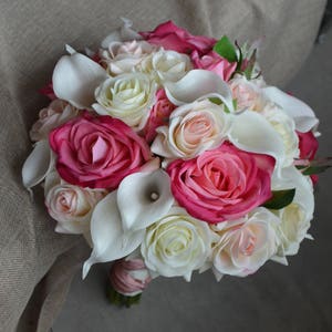 Real Touch Roses Bridal Bouquet Ivory Callas Blush Hot Pink Roses Ivory ...
