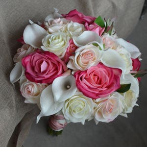 Real Touch Roses Bridal Bouquet ivory Callas Blush Hot pink Roses Ivory Rose Silk Wedding Bouquets