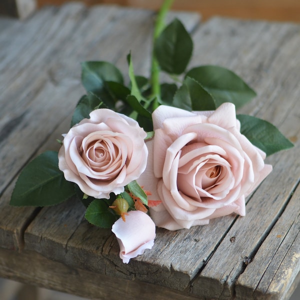 3 Heads Dusty Pink Rose Quartz Real Touch Garden Roses, Warm Beige, DIY Florals Supply | Wedding/Home/Kitchen Decoration | Gift, DIY Bouquet