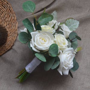 Ivory White Roses Eucalyptus Silk Wedding Bouquets Real Touch Roses Rustic Boho Chic Bridal Bouquets